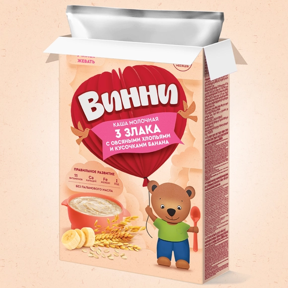 Молочная каша для детей Винни 3 злака с овсяными хлопьями и кусочками банана