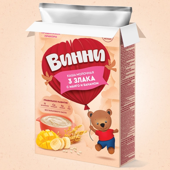 Молочная детская каша 3 злака с манго и бананом Винни