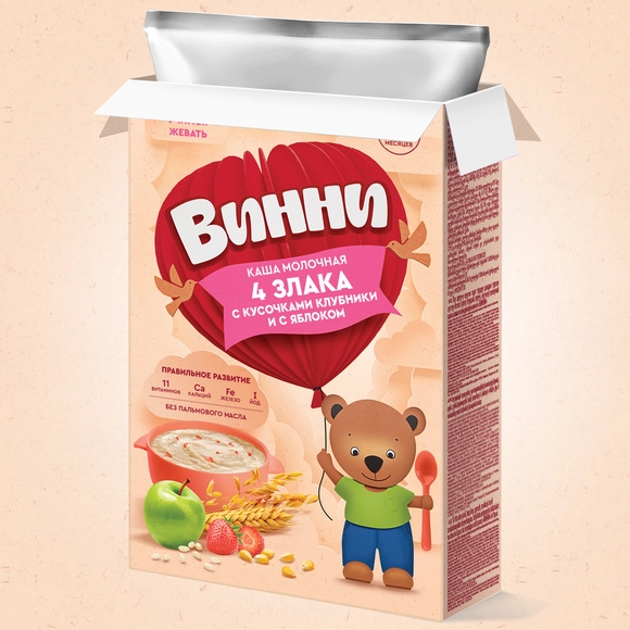 Молочная каша для детей Винни 4 злака с кусочками клубники и с яблоком